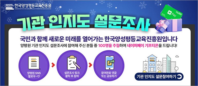 한국양성평등교육진흥원 기관 인지도 설문조사, 국민과 함께 새로운 미래를 열어가는 한국양성평등교육진흥원입니다. 양평원 기관 인지도 설문조사에 참여해 주신 분들 중 100명을 추첨하여 네이버페이 기프티콘을 드립니다!, 양평원 SNS 팔로우~♡, 설문조사 링크 클릭 후 참여, 참여완료 댓글 또는 공유하기, 기관 인지도 설문 참여하기