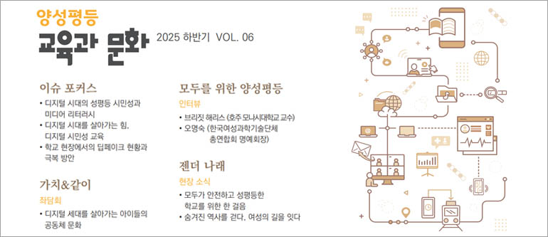 양성평등 교육과 문화 2025 하반기 VOL.06, 이슈 포커스(디지털 시대의 성평등 시민성과 미디어 리터러시, 디지털 시대를 살아가는 힘-디지털 시민성 교육, 학교 현장에서의 딥페이크 현황과 극복 방안), 가치&같이(좌담회: 디지털 세대를 살아가는 아이들의 공동체 문화), 모두를 위한 양성평등(인터뷰: 브리짓 해리스 호주 모나시대학교 교수, 오명숙 한국여성과학기술단체 총연합회 명예회장), 젠더 나래(현장 소식: 모두가 안전하고 성평등한 학교를 위한 한 걸음, 숨겨진 역사를 걷다 여성의 길을 잇다)