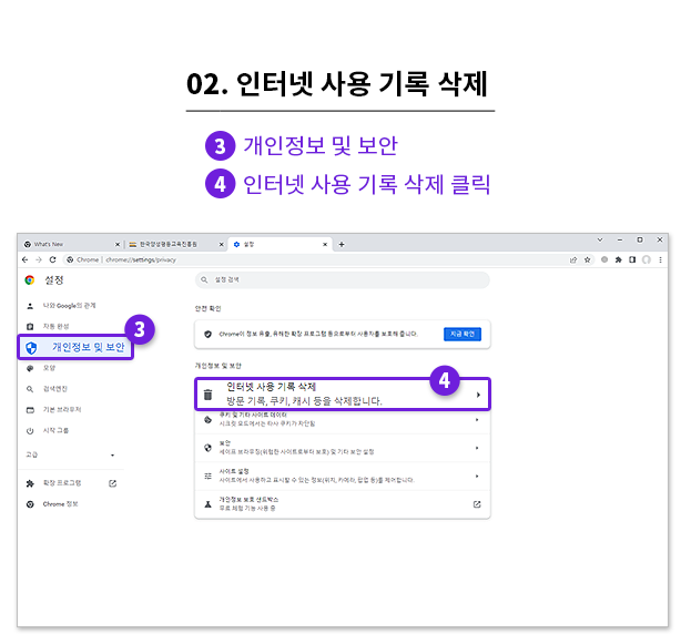 2. 인터넷 사용 기록 삭제 3)개인정보 및 보안 4)인터넷 사용 기록 삭제 클릭