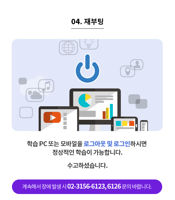 4. 재부팅 - 학습 PC또는 모바일을 로그아웃 및 로그인 하시면 정상적인 학습이 가능합니다. 수고하셨습니다.